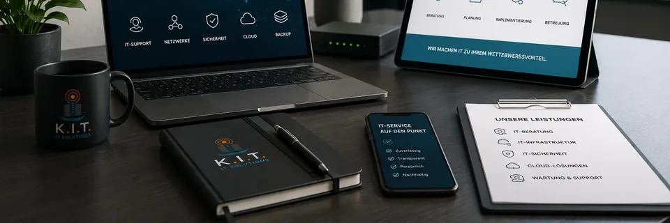 Business-IT-Arbeitsplatz mit Laptop, Tablet und Notizbuch