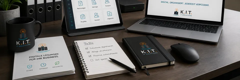 Digitalisierter Arbeitsplatz mit Dokumentenverwaltung auf Tablet und Laptop